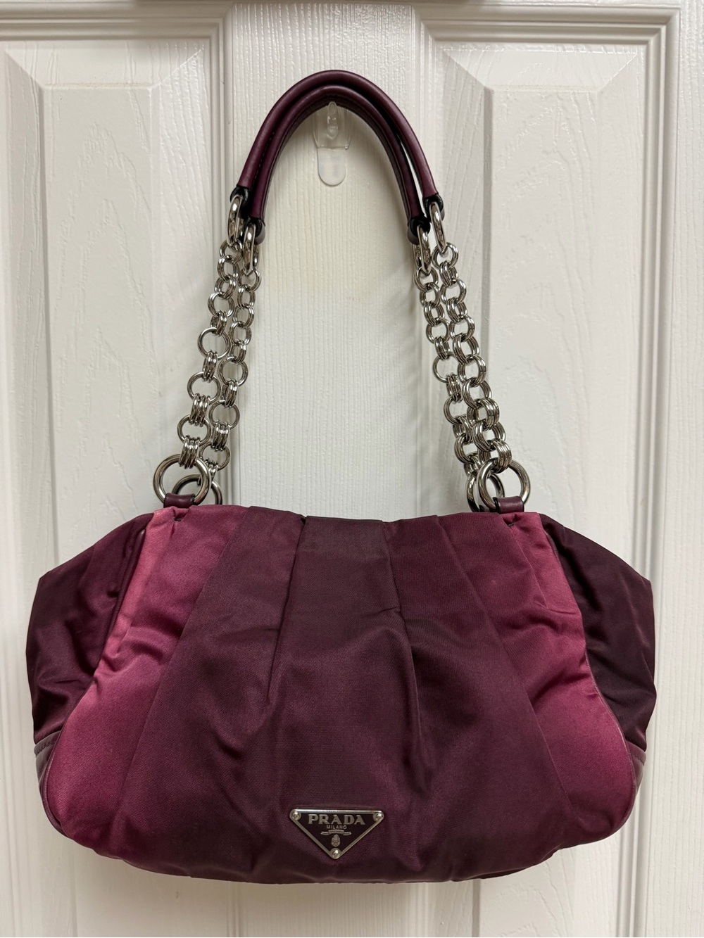 Prada Two-Tone Plum Satin Shoulder Bag with Chain Handles